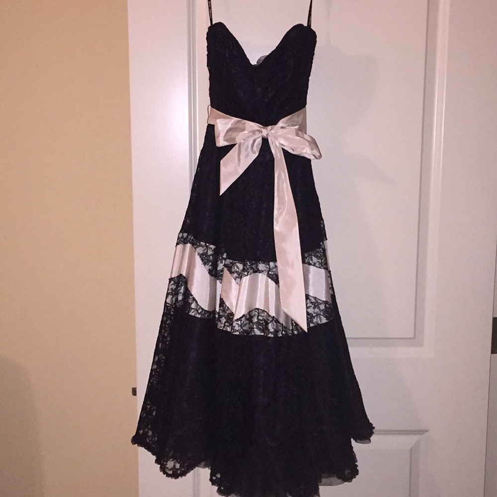 Black Lace A-Line Dress with Ivory Sash